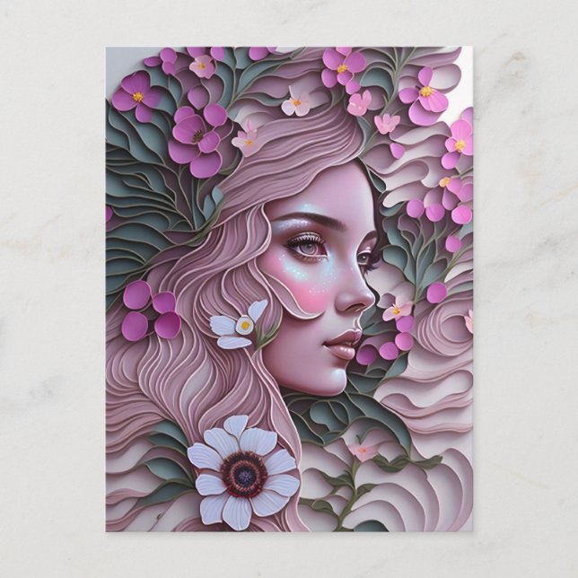 Postal Mujer en flores de pastel (Anverso)