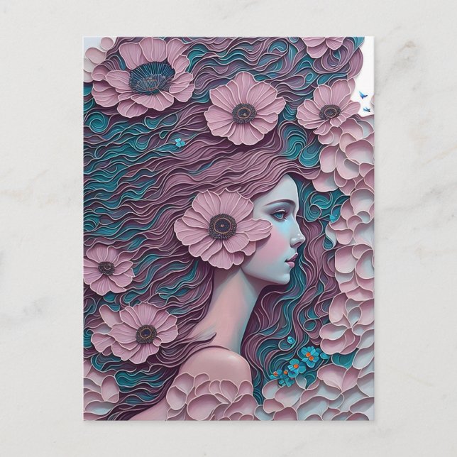 Postal Mujer en flores de pastel (Anverso)