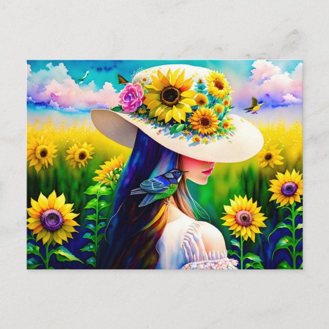 Postal Mujer en girasoles, poscruce (Anverso)