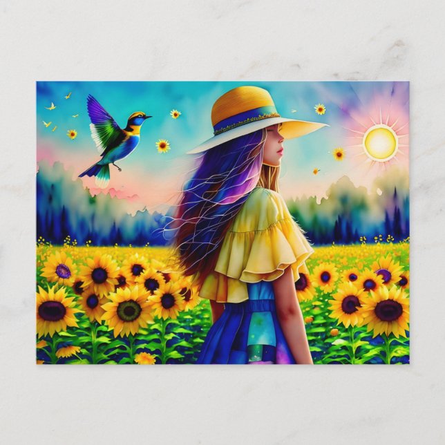 Postal Mujer en girasoles, poscruce (Anverso)