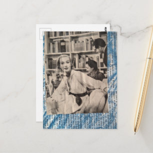 Postal Mujer en la biblioteca de la época de los años 30