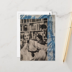 Postal Mujer en la biblioteca de la era de 1930 collage