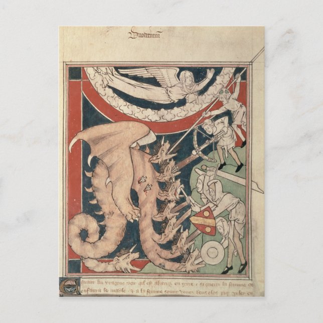 Postal Mujer en la nube por encima de cinco hombres lucha (Anverso)