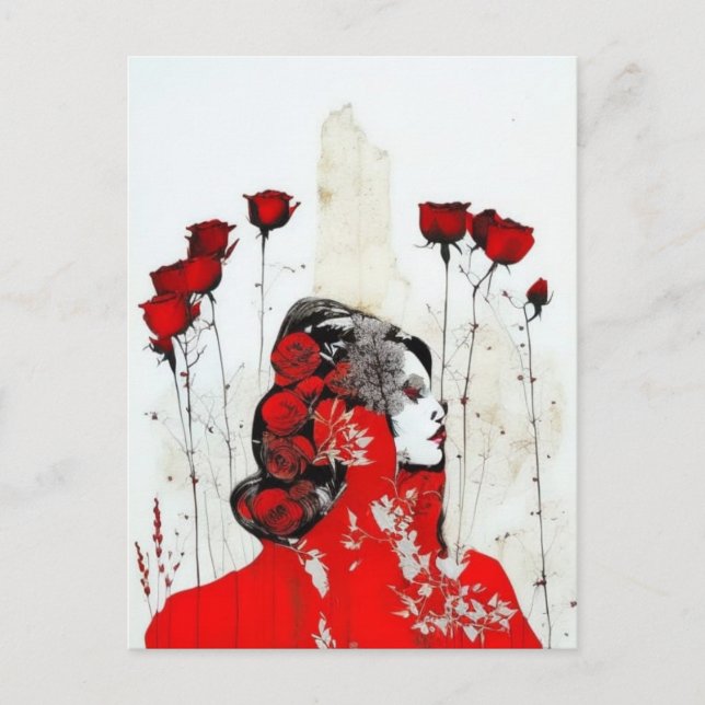 Postal Mujer en rojo con rosas rojas (Anverso)
