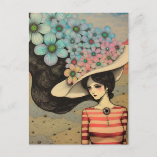 Postal Mujer en un Gorra floral