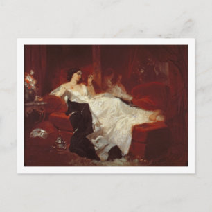 Postal Mujer en un sofá rojo