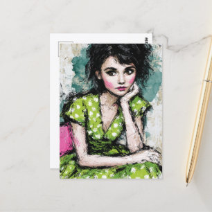 Postal Mujer en un vestido verde y blanco con lunares