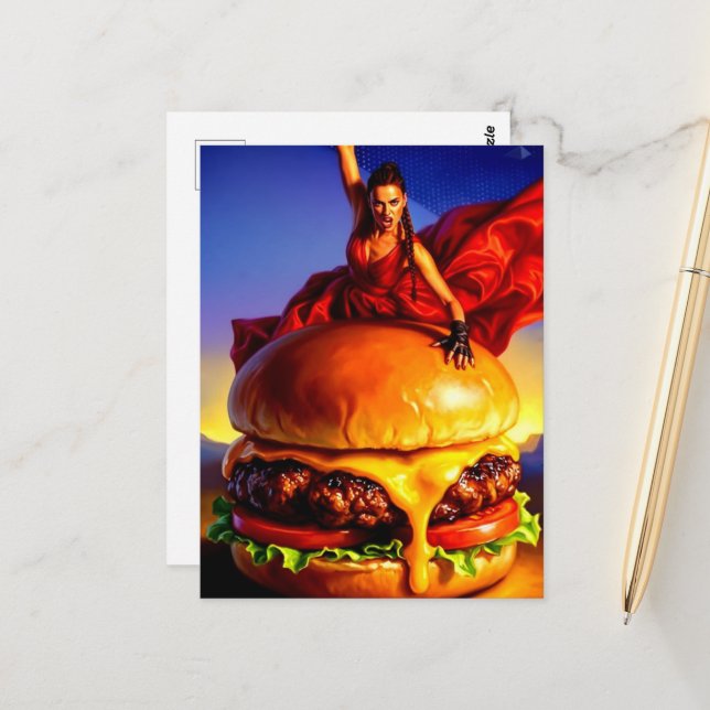 Postal Mujer en una hamburguesa con queso (Anverso/Reverso In Situ)