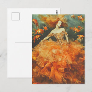 Postal Mujer en una moda de vestir de pescado de oro