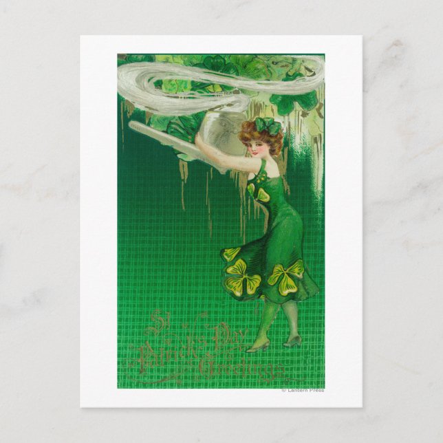 Postal Mujer en verde sosteniendo una escena de una tuber (Anverso)