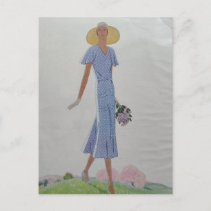 Postal Mujer en vestido azul y blanco Moda de los años 30