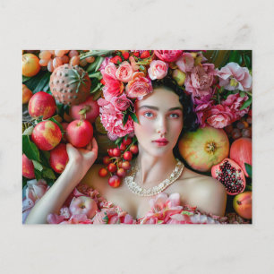 Postal Mujer en vestido floral con exhibición de frutas