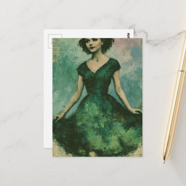 Postal Mujer en vestido verde de la década de 1950 (Anverso/Reverso In Situ)