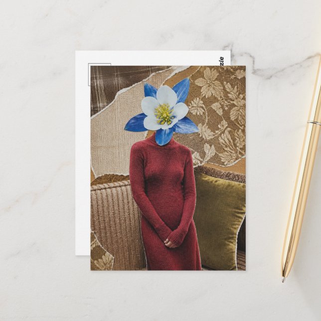 Postal Mujer Espléndida con Collage de Cabeza de Flor (Anverso/Reverso In Situ)