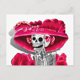 Postal Mujer Esqueleto Riéndose con Gorro Rojo