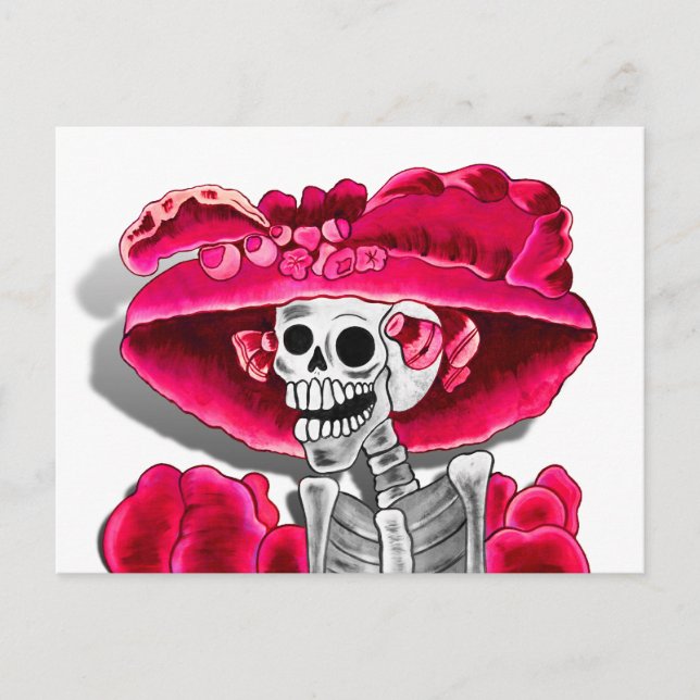 Postal Mujer Esqueleto Riéndose con Gorro Rojo (Anverso)