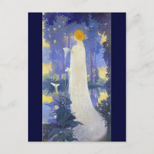 Postal Mujer etérea Art Nouveau junto a calas iluminadas
