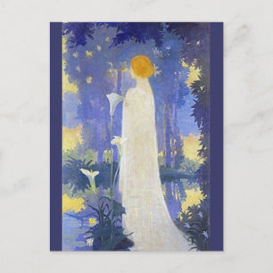 Postal Mujer etérea Art Nouveau junto a calas iluminadas