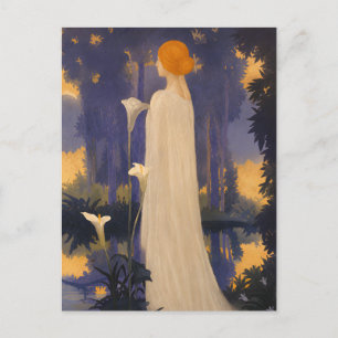 Postal Mujer etérea Art Nouveau junto a calas iluminadas
