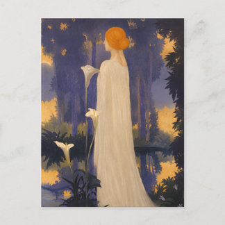 Postal Mujer etérea Art Nouveau junto a calas iluminadas 