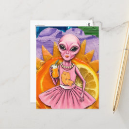 Postal Mujer extranjera en rosa con el Naranja de jugo Na