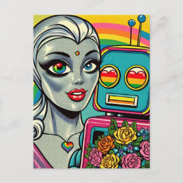 Postal Mujer extranjera plateada y robot arco iris enamor