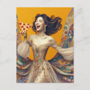 Postal Mujer Feliz Con Pizza Colorida Única