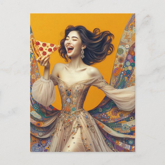 Postal Mujer Feliz Con Pizza Colorida Única (Anverso)