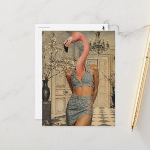 Postal Mujer Flamenco Surrealista con Ropa de Mezclilla A