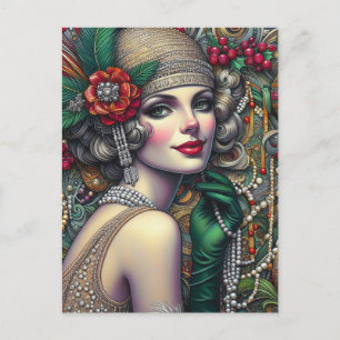 Postal Mujer Flapper de Navidad Espléndida Vestido Dorado