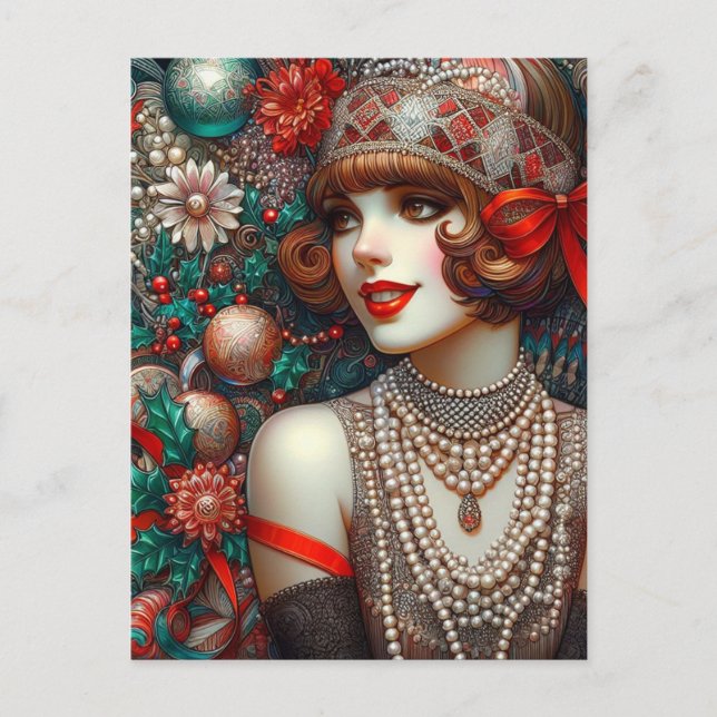 Postal Mujer Flapper de Navidad Preciosa (Anverso)