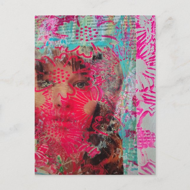 Postal Mujer Flor Collage de Medios Mixtos  (Anverso)