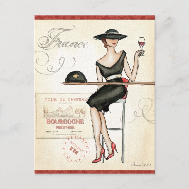 Postal Mujer francesa bebiendo vino rojo (Anverso)