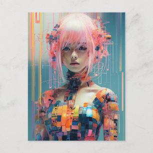 Postal Mujer futurista con cabello rosa