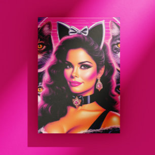 Postal Mujer Gato Retrowave de los 80