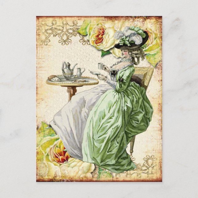 Postal Mujer georgiana tomando té - Verde (Anverso)