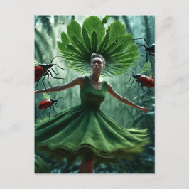 Postal Mujer girando en un vestido hecho de insecto de pl