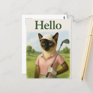 Postal Mujer golfer con Hello Text on Green