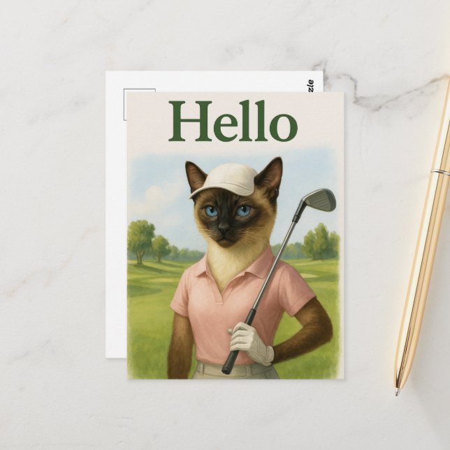 Postal Mujer golfer con Hello Text on Green (Anverso/Reverso In Situ)