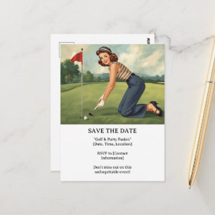 Postal Mujer golfista de golf está jugando al golf en el