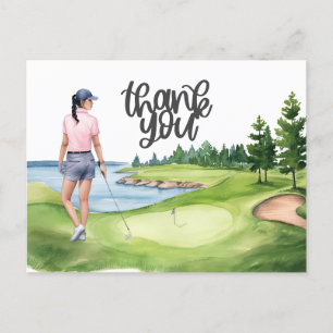Postal Mujer golfista en campo de golf acuarela