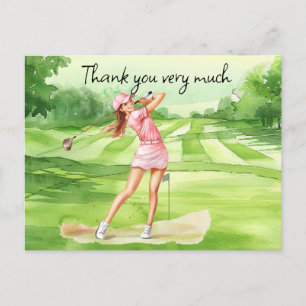 Postal Mujer golfista en el campo de golf acuarela