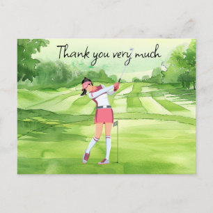 Postal Mujer golfista en el campo de golf acuarela