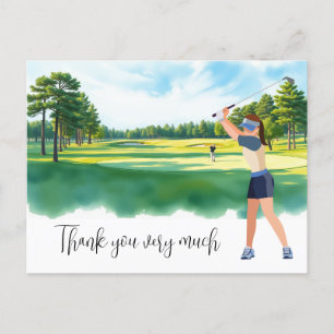 Postal Mujer golfista en el campo de golf acuarela para g