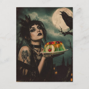 Postal Mujer gótica con una ensalada de gelatina retro y 