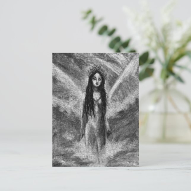 Postal Mujer Hada Ángel Oscuro Luna Arte Original Gótico (Anverso de pie)