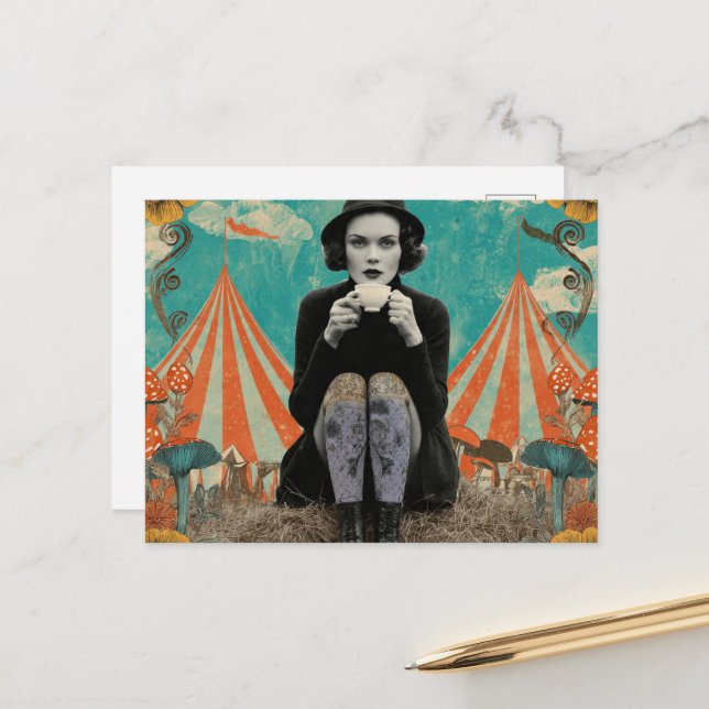 Postal Mujer Hermosa Bebe Té en el Circo (Anverso/Reverso In Situ)