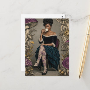 Postal Mujer Hermosa Bebe Té Morado Retro Hongos