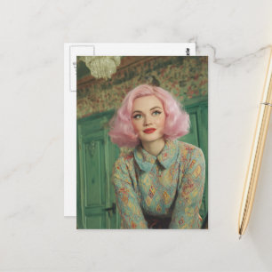 Postal Mujer Hermosa Cabello Rosa Casa Retro