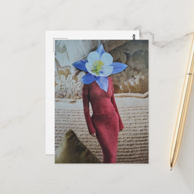 Postal Mujer Hermosa con Collage de Cabeza de Flor (Anverso/Reverso In Situ)